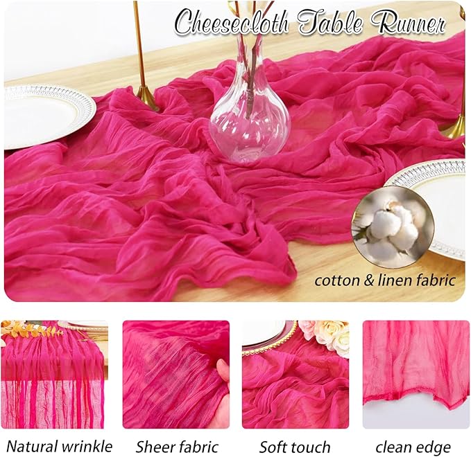 Hot Pink Cheesecloth Table Runner 2 Pack 35" Boho Gauze Table Runner 120 inches Long Runner Rustic Sheer Fabric Bulk for Baby Shower Wedding Bridal Birthday Party Table Decorations