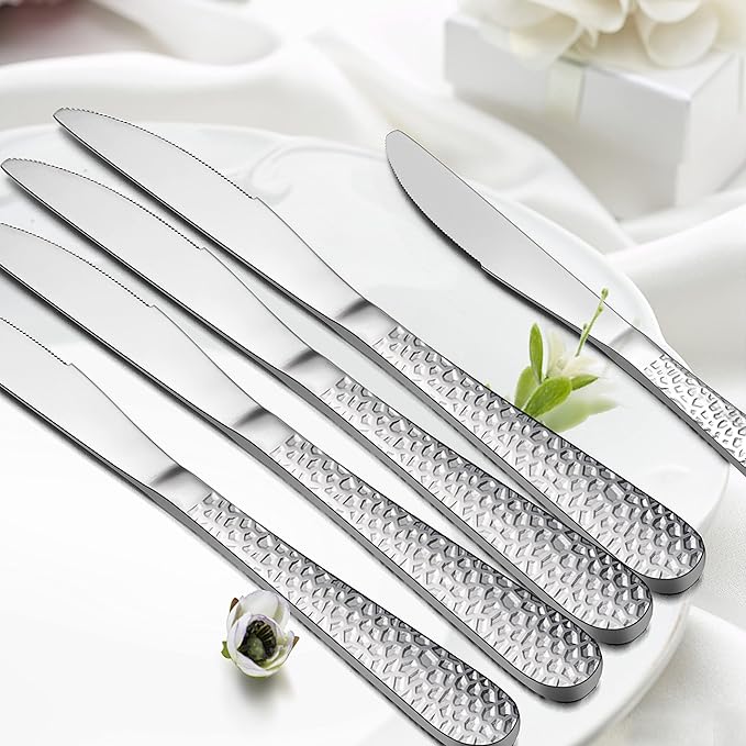 E-far Dinner Knives Set of 6, Stainless Steel Hammered Serrated Table Knife for Home Kitchen Restaurant, Mirror Polished & Dishwasher safe-8.9 Inches