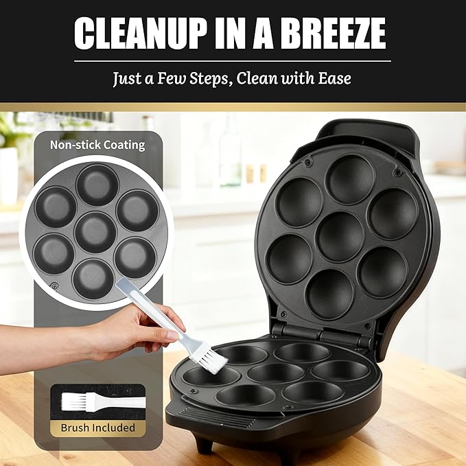 Mini Stuffed Pancakes Maker, Electric Ebleskiver Poffertjes Maker Pan, Danish Pancakes Maker, Cake Pop Maker, Bake 7x 2'' Ebelskivers without any Flipping operation