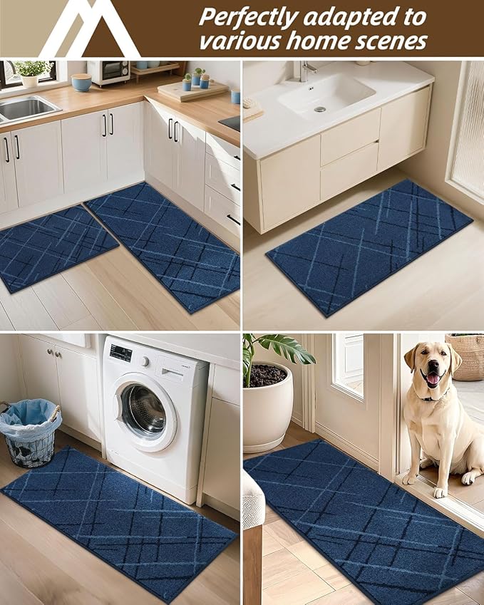 COSY HOMEER Kitchen Mats, 2 PCS Kitchen Rug Non Slip Washable, Absorbent Runner Rugs for Kitchen Floor, Polyester Kitchen Sink Rug 24"x36" + 24"x60"(Blue)