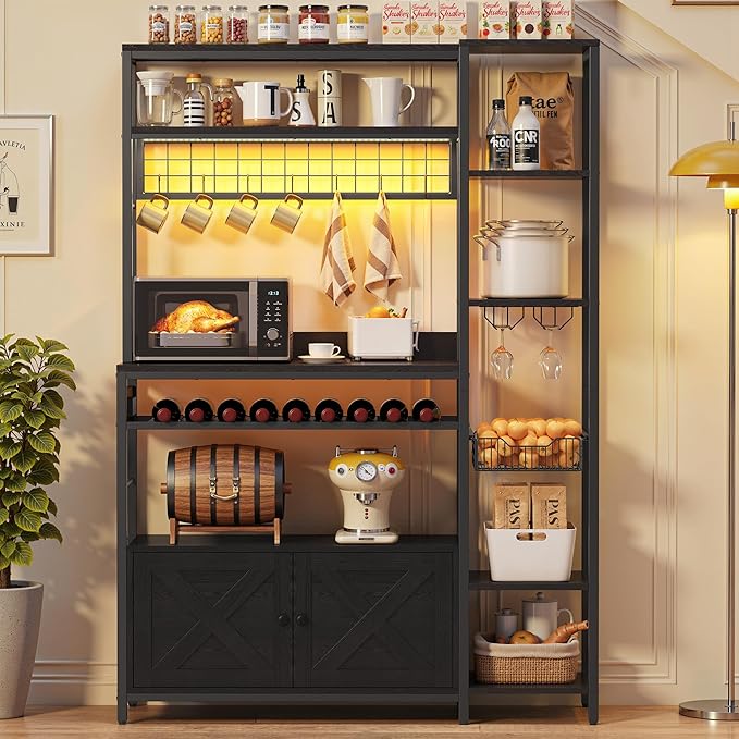 IRONCK Bakers Rack with Power Outlet, 47.24 Inch Coffee Bar Cabinet, Kitchen Microwave Stand with Storage, Kitchen Shelf with Shelves, LED Light, Globlet Holder and Wine Basket, Black