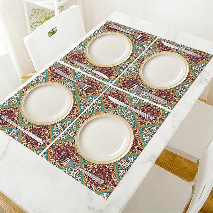 Boho Mandala Placemats Set of 4 Mexican Ethnic Traditional Pattern with Geometric Plaids Abstract Flower for Restaurant Home Kitchen Holiday Picnic Party Decor 12x18in