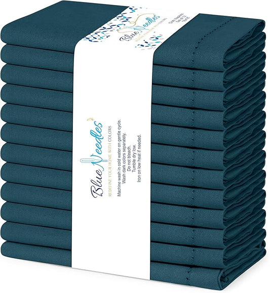 Blue Needles Set of 12 Hemstitch Linen Napkins 100% Cotton Crystal Teal Cloth Dinner Napkins 18x18 inches, Soft Reusable Absorbent Washable, Ideal for Wedding Events, Parties & Everyday Use