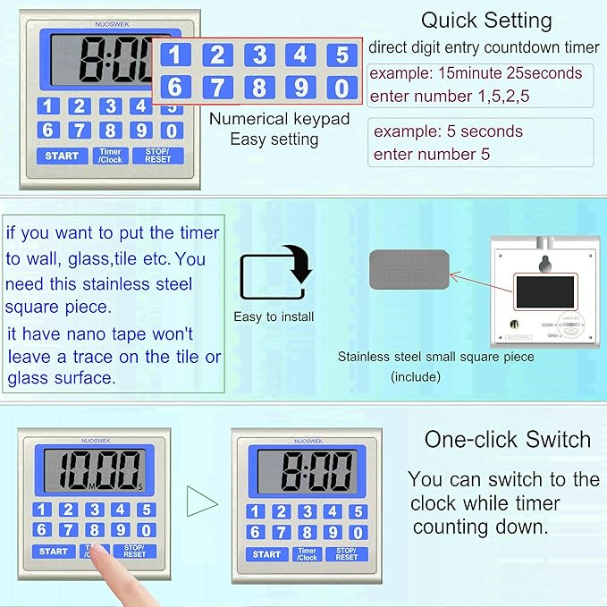 Digital Timer Waterproof Shower Timer Shower Clock Direct Digit Entry Bathroom Kitchen Timer with Strong Magnet and Large LCD Display (Waterproof 13 Key)