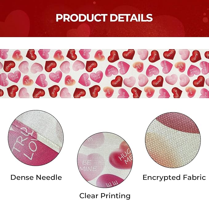 Valentines Day Table Runner 13x120 Inch, Be Mine Kiss XOXO Love Hearts Valentine Table Runner, Anniversary Home Kitchen Dining Table Holiday Party Decorations