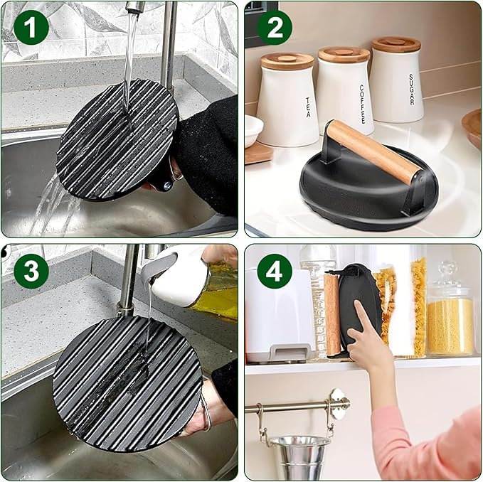 Iron Burger Press, 6.8'' Round Heavy-Duty Cast Iron Smash Bacon Press, with Non-Slip Wooden Handle, Grill Weight for Griddle, Sandwich, Nonstick Pan