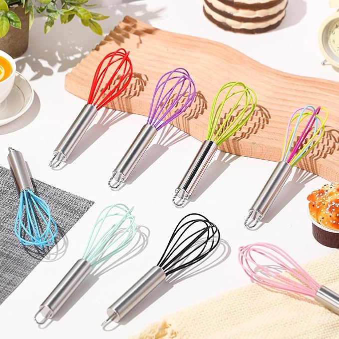 Domensi 24 Pcs 8 Inch Whisks Bulk for Cooking Silicone Whisks Non Scratch Stainless Steel Egg Beater Colorful Coated Metal Heat Resistant Egg Beaters for Valentines Day Party Favor Gift Supplies