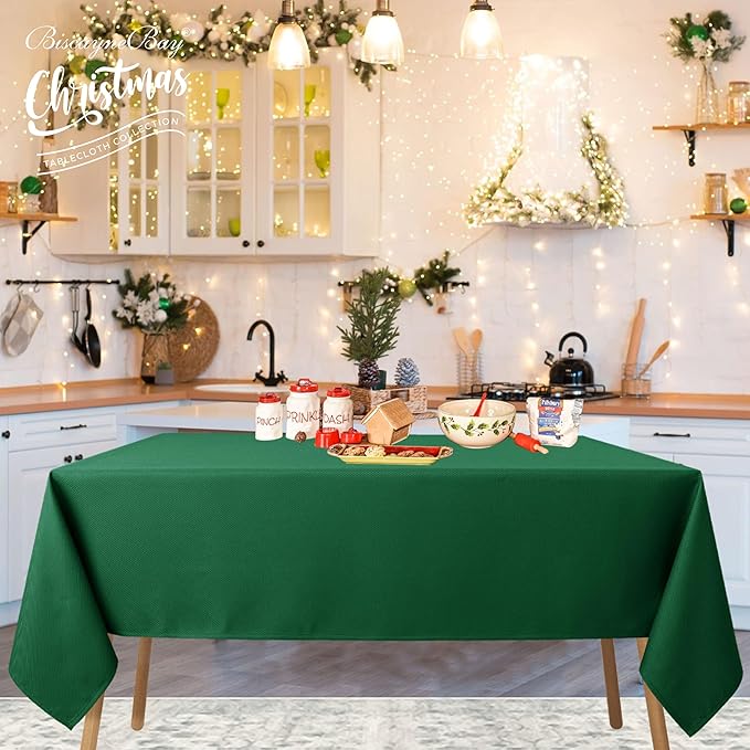 Biscaynebay Textured Fabric Christmas Rectangle Table Cloth 90x132 Inch, Hunter Green Water Resistant Tablecloths for Dining, Kitchen, Wedding and Parties etc. Machine Washable