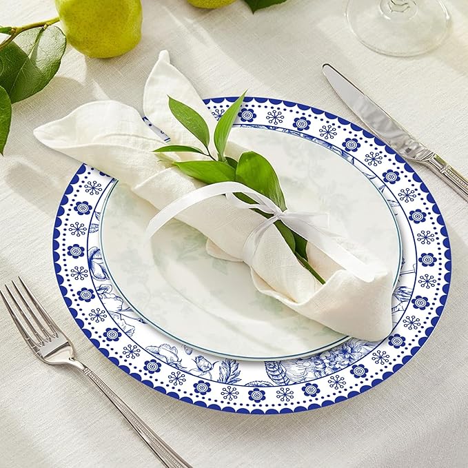 50 Pcs 14 Inch Blue Floral Paper Place Mats Chinoiserie Round Placemats Flower Disposable Decorative Table Mats for Dinner Table Setting Banquet Party Supplies