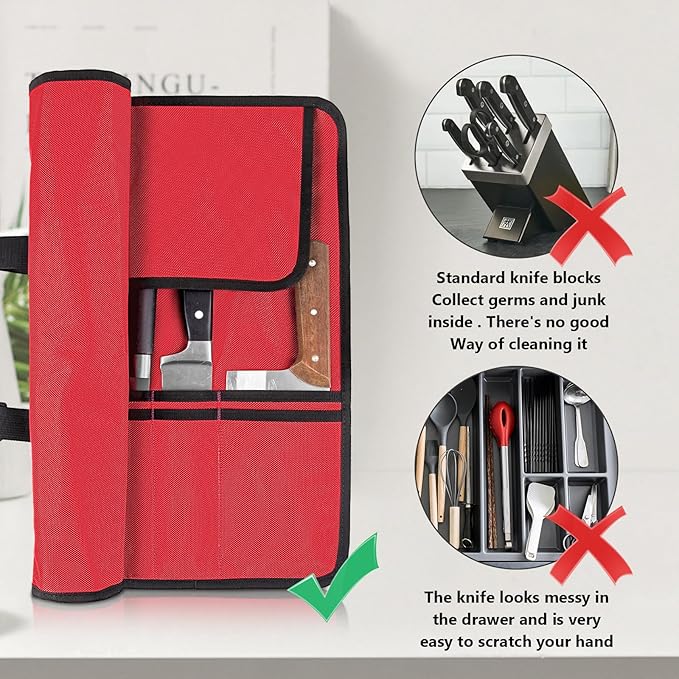 EHRGK Knife Roll,Heavy Duty Knife Bag,Oxford Knife Case with 20 Slots for Knives & Kitchen Tools,Chef Knife Bag,Knife Roll Bag, Knife Pouch Wrap for Chefs Culinary Traveling (Red)