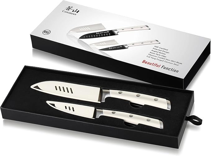 Cangshan S+ Series 1022100 German Steel Forged 2-Piece Titanium Coated Santoku Starter Knife Set with Sheaths, Vanilla White