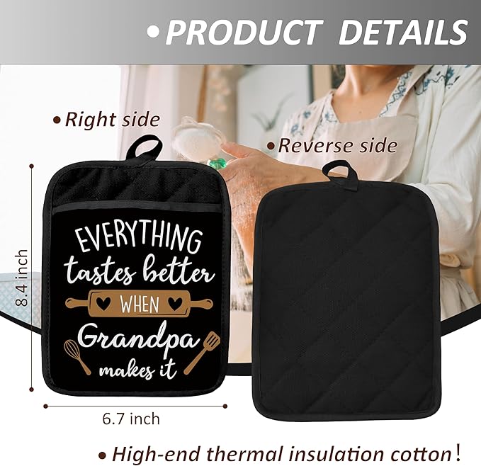 Grandpa Gifts Pot Holders with Pockets, Everything Tastes Better When Grandpa Makes It Pot Holders Heat Resistant Oven Mitts Hot Pads for Kitchen Baking Cooking,Potholders for Kitchens