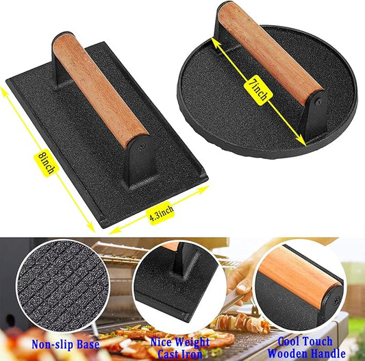 3PCS Smash Burger Press Kit, Round & Rectangle Meat Press for Griddle, Cast Iron Grill Press with Upgrade Wooden Handle for Blackstone Camp Chef Pitboss