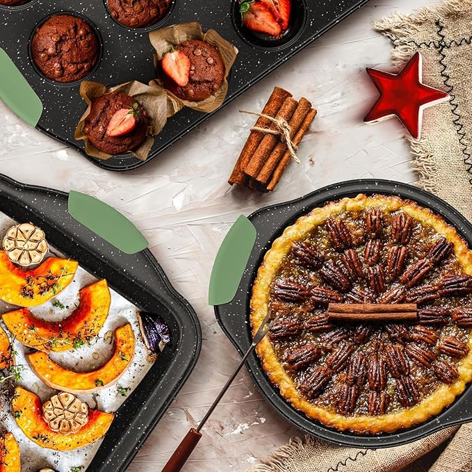 Slow Slog 11-Piece Nonstick Bakeware Set, Stackable & Oven-Safe Kitchen Baking Pans with Silicone Handles - Includes Cookie Sheet, Cake Pan, Muffin Tin, Pizza Stone & Bread Loaf Pan, Dark Green&Black