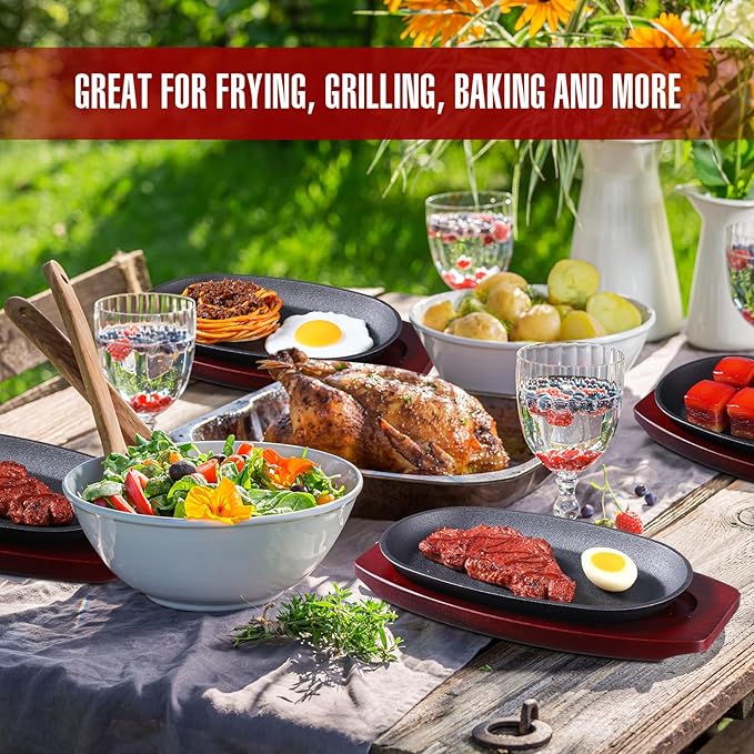 6 Pieces Oval Cast Iron Fajita Skillet Pan Set Small Sizzling Steak Plate with Wooden Base and Handle Cast Iron Fajita Skillet Sizzling Plate for Home Restaurant Barbecue Wedding Valentine's Day