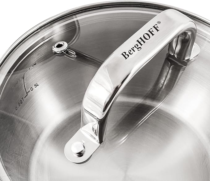 BergHOFF Belly Shape 18/10 Stainless Steel 6.25 Inches Saucepan 1.5qt., Glass Lid, Fast, Evenly Heat, Induction Cooktop Ready