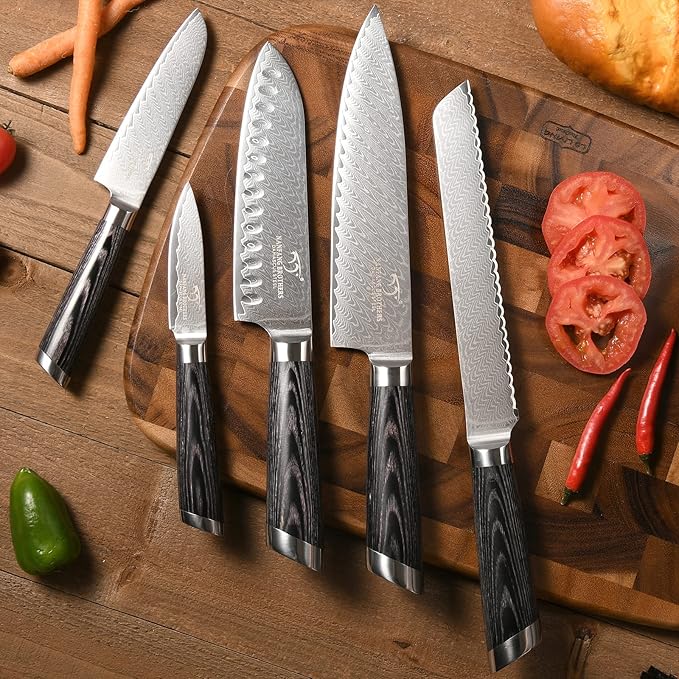 NANFANG BROTHERS Damascus Knife Set, 7 Pieces Kitchen Knife with Block, ABS Ergonomic Handle for Chef Knife Set, Kitchen Shears, Knife Block Set
