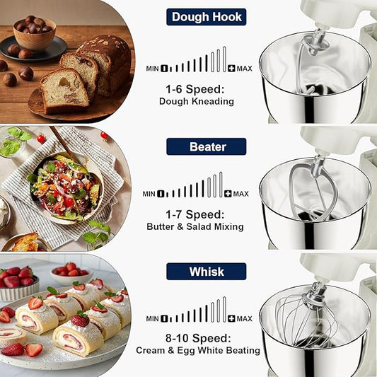 Camic Stand Mixer, 4.2QT+5.3QT Two bowls Electric Food Mixer, 10 Speeds with Digital setting 3-IN-1 Kitchen Mixer for Baking Cakes Cookie Bread Salad with Egg Whisk,Dough Hook,Flat Beater(White)