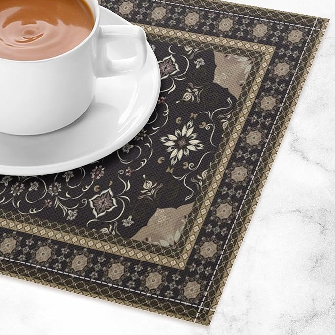 Ethnic Placemats Set of 4 Persian Bohemian Floral Art Printed Dining Table Mats for Restaurant Home Kitchen Holiday Picnic Party Decor 12x18in