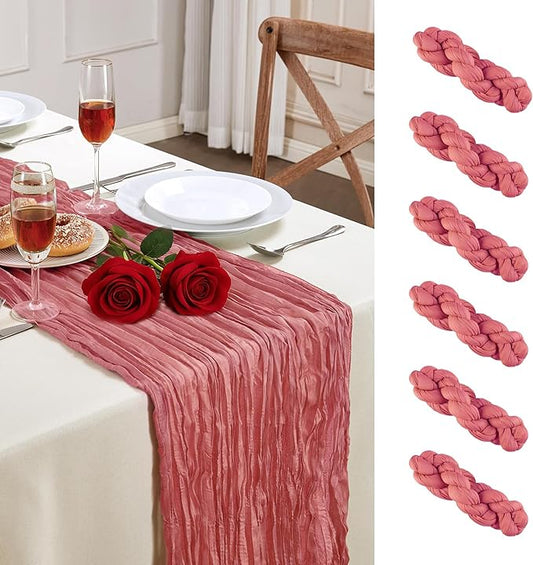 6 Pack Rose Valentine's Day Cheesecloth Table Runner 10FT Long Boho Gauze Table Runner Rustic Sheer Runner for Wedding Bridal Baby Shower Birthday Party Table Decor Thanksgiving Decorations