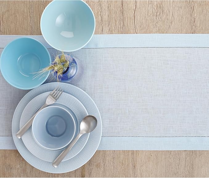 Solino Home Linen Light Blue Table Runner 120 Inches Long - 100% Pure Linen 14 x 120 Inch Table Runner for Winter, Spring, Easter - Classic Hemstitch