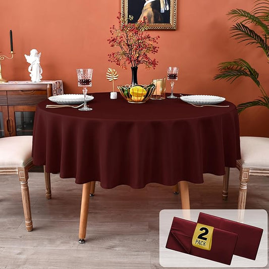MEANMOY 2 Pack Burgundy 210 GSM Water & Stain Resistant Round Tablecloth - Solid 60 Inch Circle Table Cloth Cover in Wrinkle Free Washable Wipe Clean Polyester for Wedding, Party, Banquet (2 Pcs)