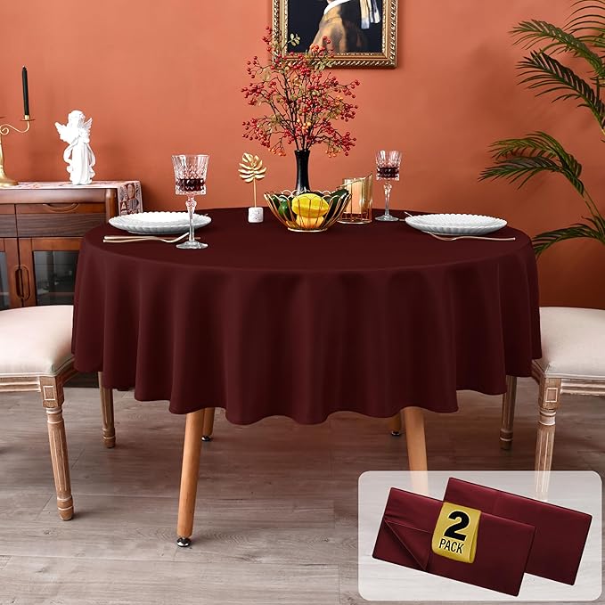 MEANMOY 2 Pack Burgundy 210 GSM Water & Stain Resistant Round Tablecloth - Solid 70 Inch Circle Table Cloth Cover in Wrinkle Free Washable Wipe Clean Polyester for Wedding, Party, Banquet (2 Pcs)