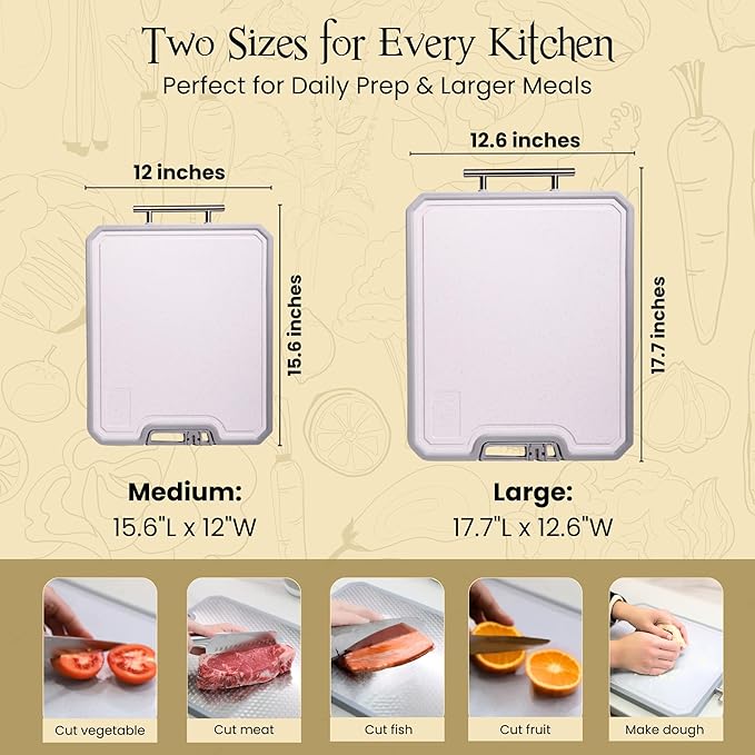 MUGAA Stainless Steel Cutting Board, Double-Sided 304 Stainless Steel & PP, Built-In Knife Sharpener, Non-Slip Juice Groove, Dishwasher Safe Steel Cutting Boards For Kitchen, Medium (15.6" x 12")
