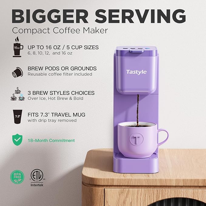 Tastyle Single Serve Coffee Maker Hot and Iced with Bold Brew, Small Coffee Machine for K Cup and Ground, Fits 7.3'' Travel Mug, Brews up to 16 Oz, 5 Cup Sizes, Compact for Office, RV& Hotel, Purple