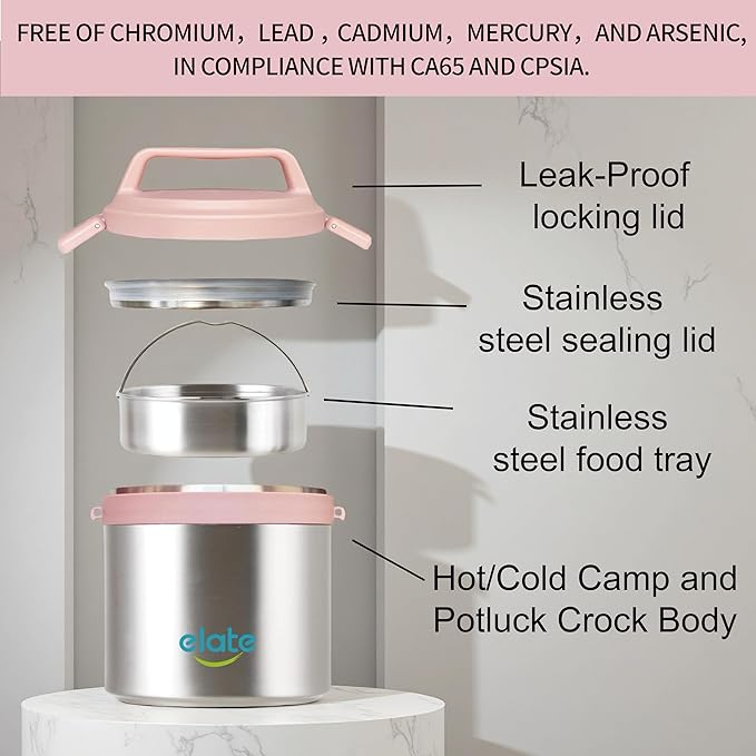 Elate 2-Quart Camp Crock Thermos for Hot/Cold Food | 64oz Stainless Steel Vacuum-Insulated Jar, Wide-Mouth Thermal Food Container, Portable Lunch Pot for Outdoor, Camping, Picnics, Trips, Potlucks