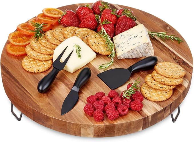 Twine Acacia Cheese Board and Knife Set, Footed Cheese Snack Tray and Cheese Knives Set Cooking Accessories, 16inch Diameter