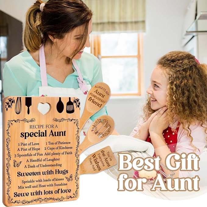 Gifts for Aunt - "Recipe for a Special Aunt" Aunt Birthday Gifts Cutting Board Set, Bamboo-Made Engraved Utensil Set, Aunty Birthday Gifts