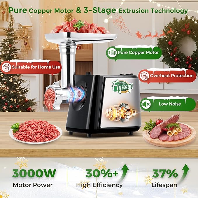Flyseago Electric Meat Grinder, Cheese Grater 3000W Multifunctional Meat Grinder with Juicer, Vegetable Cutter Veggie Slicer, Shredder, Meat Chopper, Sausage Stuffer, Kubbe Kit, Home Use