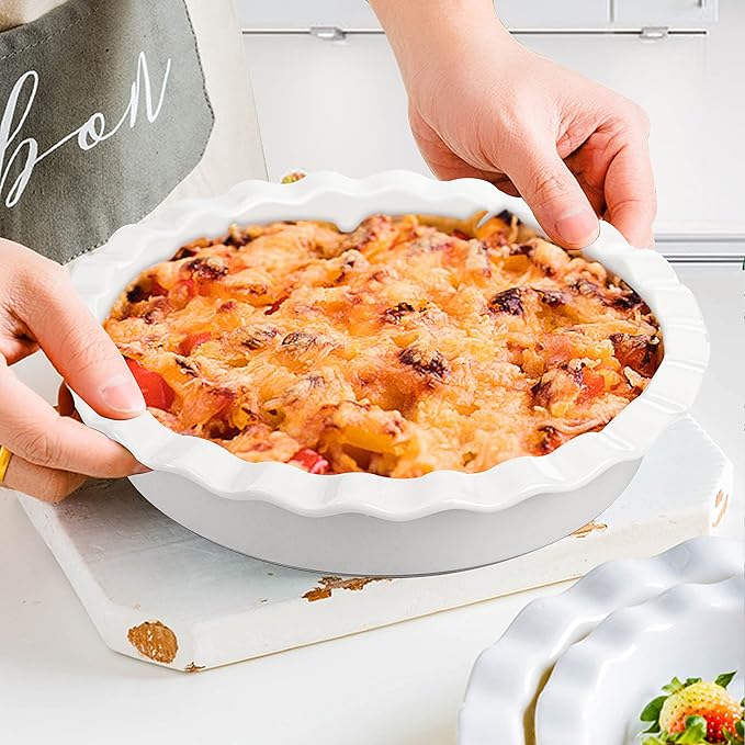 Foraineam Porcelain Pie Pan for Baking, Oven Safe Pie Plate Baking Dish, 9 Inches Round Deep Dish with Ruffled Edge, Set of 2