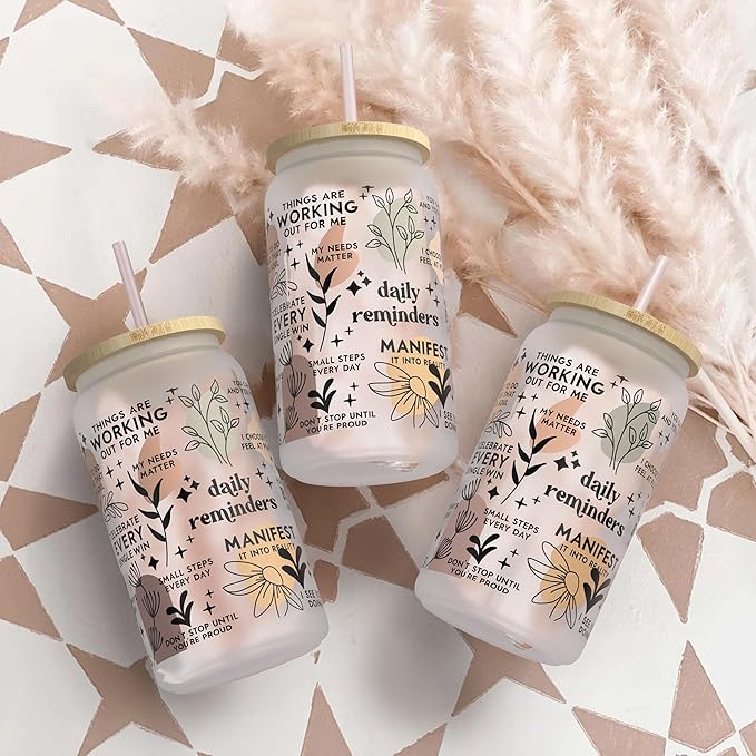 Daily Affirmation Iced Coffee Cup [Frosted], 16 oz Glass Cups with Bamboo Lids and Straws |Mason Jar Drinking & Glass Tumbler with Straw and Lid | Boba Cup, Beer Can for Mental Health