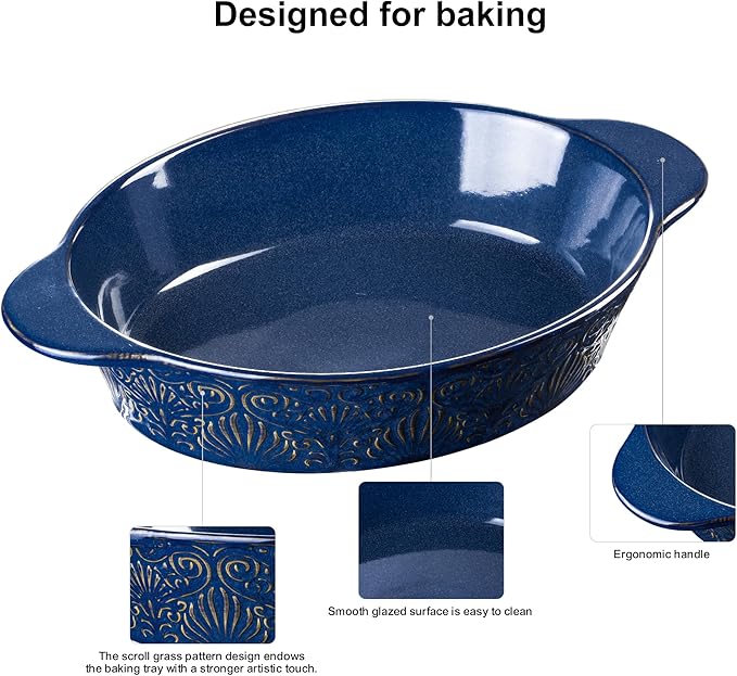 Casserole Dishes for Oven Sets of 3, Ceramic Oval Baking Dish, Au Gratin Baking Pans with Handles for Roasting, Lasagna, Pie, Baking Meat & Vegetables (Blue)