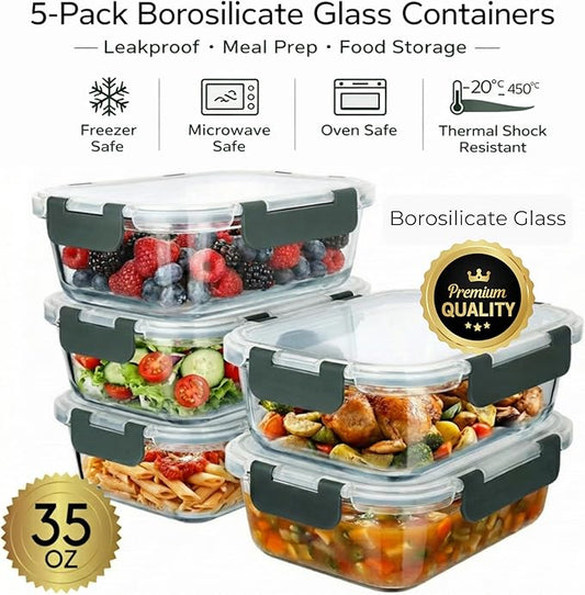 Brieftons Glass Meal Prep Containers: 5 Pack, 35 Oz with Airtight, Leakproof Snap Locking Lids, Perfect for Food Storage, Lunch & Portion Control, BPA-Free, Microwave, Oven, Freezer & Dishwasher Safe