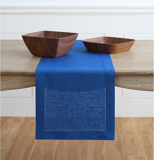 Solino Home Linen Royal Blue Table Runner 108 Inches Long - 100% Pure Linen 14 x 108 Inch Table Runner for Winter, Spring - Classic Hemstitch