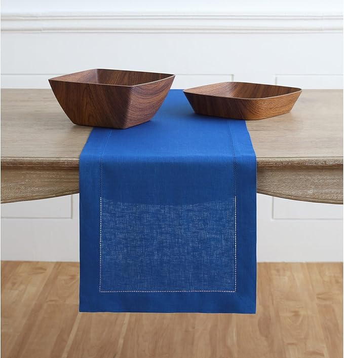Solino Home Linen Royal Blue Table Runner 72 Inches Long - 100% Pure Linen Hemstitch Table Runner 14 x 72 Inch for Dresser, Dining, Spring - Classic Hemstitch