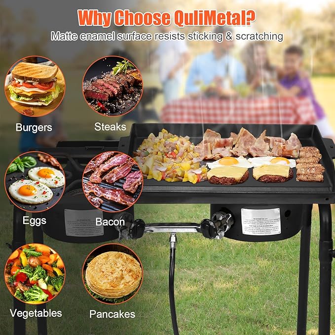 Updated Cast Iron Griddle for Gas Grill, 23" x 16" Large Matte Porcelain Enamel Griddle for Gas & Charcoal Grills, Universal Flat Top Plate with Extra High Sidewalls for Camping, Tailgating, Parties