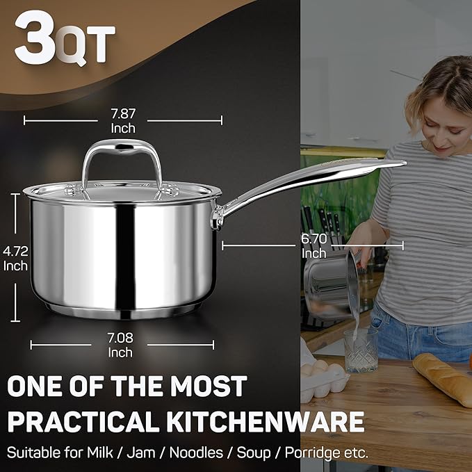 Ciwete 3 Qt Saucepan with Lid - Upgraded Package - 3 Quart 18/10 Stainless Steel Sauce Pan with Mirror Polishing and 2 Sacles, Induction Cookware, Small Pot for Cooking, Dishwasher Safe Oven Safe