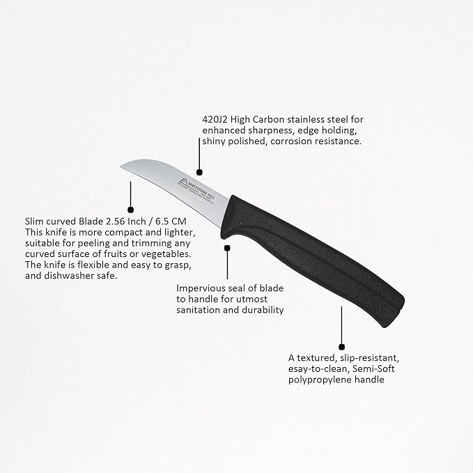Paring Knife 2.5 Inch - MATTSTONE HILL Bird's Beak Paring Knife, For Peeling and Paring Fruits and Vegetables, Slim Blade, Premium Stainless Steel, Semi Soft Handle, Black