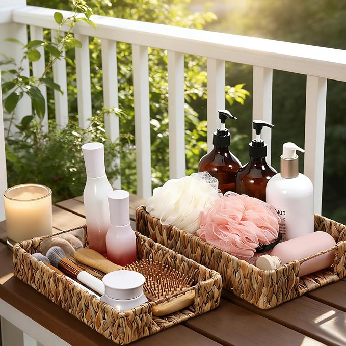 2 PCS Wicker Tray, Hyacinth Storage Baskets with Handle Shallow Basket Handmade Woven Tray Small Wicker Baskets Rectangular for Bathroom, Living Room and Kitchen Decoration or Storage