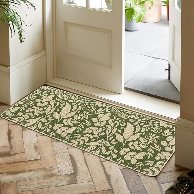 Spring Kitchen Rug and Mat Set of 2 Green Leaves Floor Mat Non Slip Rubber Backing Low-Profile Kitchen Rugs for Floor Summer Kitchen Decor for Home Bath Office- 17x29 and 17x47 Inch