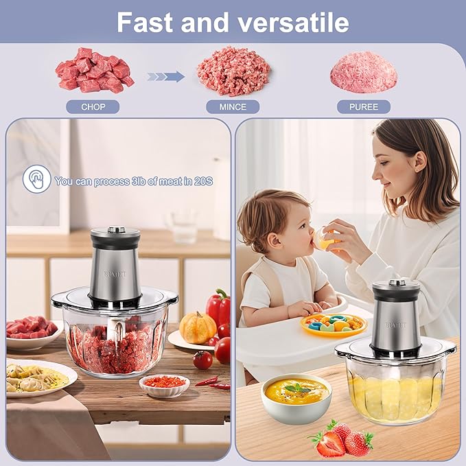 BUMET 16 cup glass bowl 850W Electric Food Processor,LED timer. 3-Tiered 6 Cutting Edges blade for mincing, chopping,Ideal as meat grinder,fresh vegetables chopper,pet food process in kitchen.