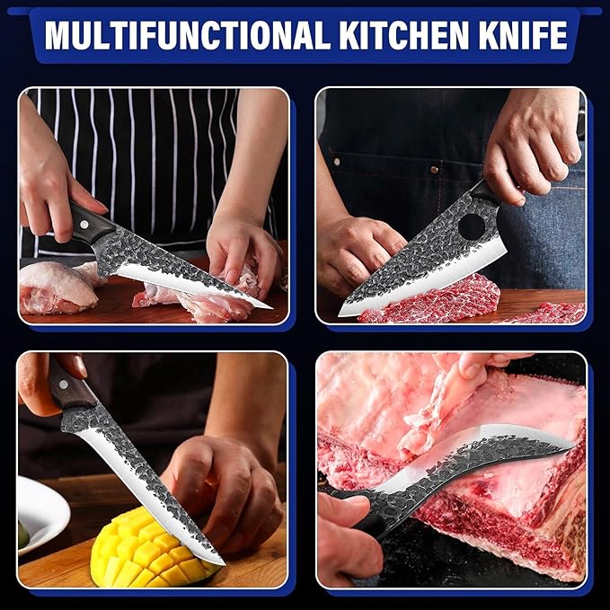 TAN REN Butcher Knife Set for Meat Cutting, 7PCS Professional Serbian Chef Knife Set with Bag, Hand Forged Viking Kitchen Knives, Christmas Gifts for Men