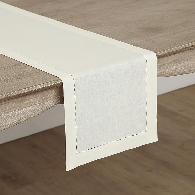 Solino Home Linen Ivory Table Runner 48 Inches - Classic Hemstitch, 100% Pure Linen Coffee Table Runner 14 x 48 Inch Ideal for Dresser Tables - Spring, Easter