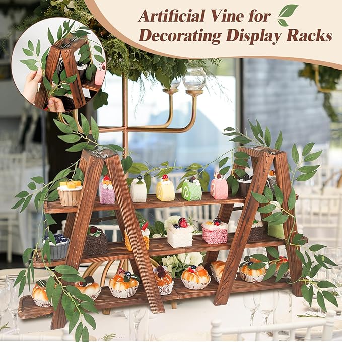 Wooden 3-Tier Cupcake Stand with Removable Trays & Vine Decoration — Foldable Party Display Serving Ladder with Platter for Cake, Snacks, Fruits, Chips, Bread