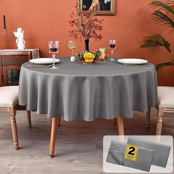 MEANMOY 2 Pack Grey 210 GSM Water & Stain Resistant Round Tablecloth - Solid 70 Inch Circle Table Cloth Cover in Wrinkle Free Washable Wipe Clean Polyester for Wedding, Party, Banquet (2 Pcs)