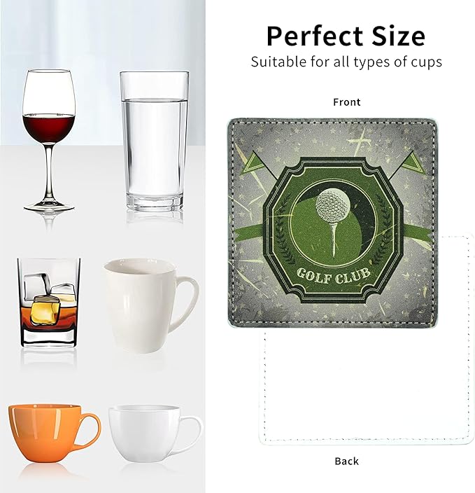 Marble Coasters Square Leather Drinks Coaster Set with Holder for Coffee Table Bar Home Decor 4 Inches Set of 6 (Golf, One Size)